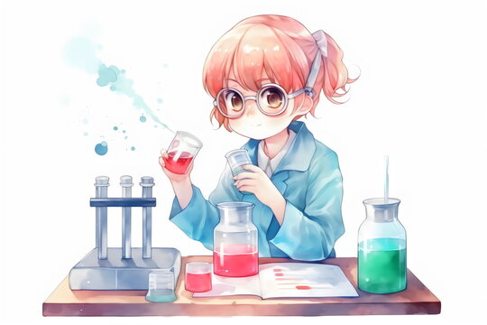 watercolor kawaii girl doing science experiments in lab, made with generative ai