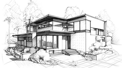 Concept technical design sketches of houses and villas in ink & pencil. Artistic sketches detail architecture showcasing modern and traditional houses. Generative AI
