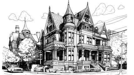 Obraz premium Concept technical design sketches of houses and villas in ink & pencil. Artistic sketches detail architecture showcasing modern and traditional houses. Generative AI