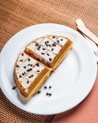 white chocolate waffle top shot with sprinkled cocoa chocolate drops
