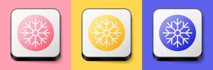 Isometric Snowflake icon isolated on pink, yellow and blue background. Merry Christmas and Happy New Year. Square button. Vector