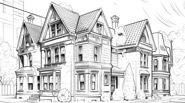 Concept technical design sketches of houses and villas in ink & pencil. Artistic sketches detail architecture showcasing modern and traditional houses. Generative AI