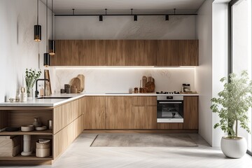 Fototapeta na wymiar White walls, a concrete floor, and wooden cabinets with an integrated oven and sink characterize this contemporary kitchen interior corner close up. Countertops. a mockup. Generative AI
