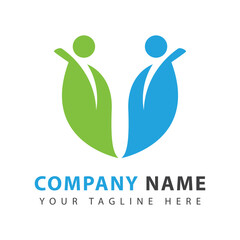 Abstract leaf logo design template, stylized people icon, vegan community, public health care.