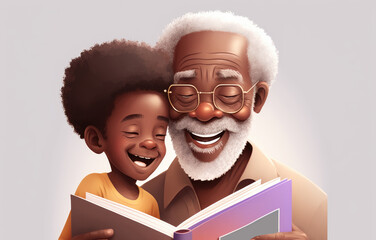 A wise and patient Afro grandfather sharing his love of reading with his grandchild, as they explore a magical world together. Generative AI