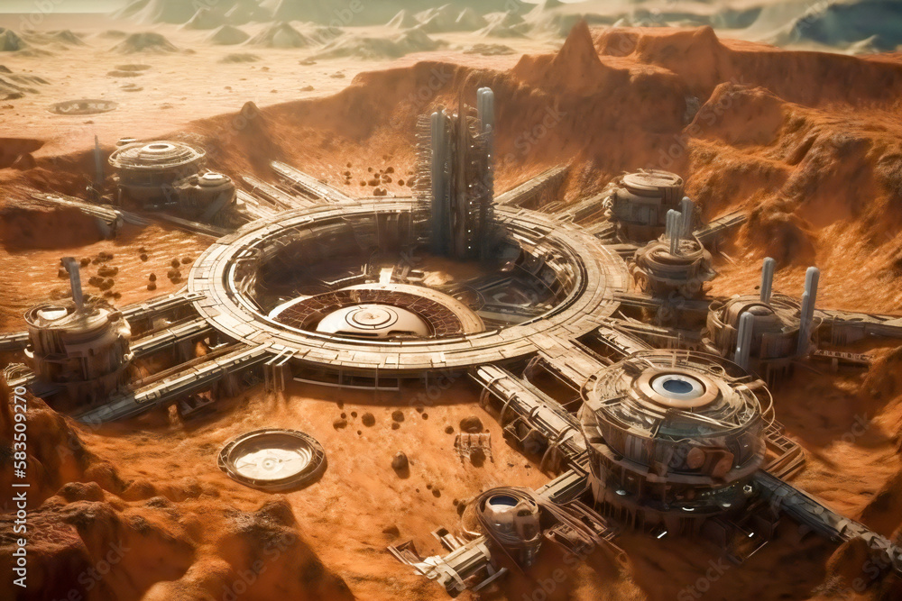 Poster future mars base or scientific facility. mars colonization concept. created with generative ai techn