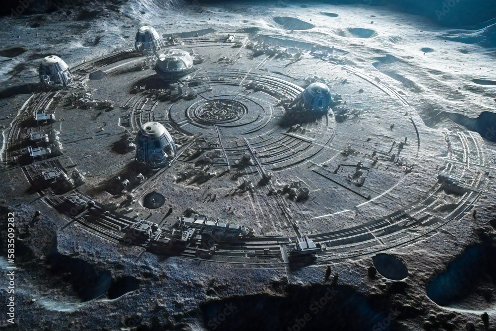 Poster future moon or other planets moons base or scientific facility. moon or outer space colonization con