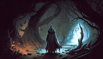 dark cloak in mysterious forest, wizard, sorcerer, illustration, Generative AI