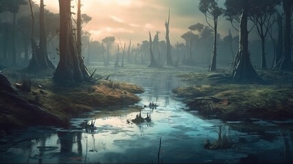 Swam Fantasy Backdrop, Concept Art, CG Artwork, Realistic Illustration with Generative AI
