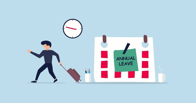 4k motion design of Annual leave. happy businessman running with luggage from calendar with annual leave note.