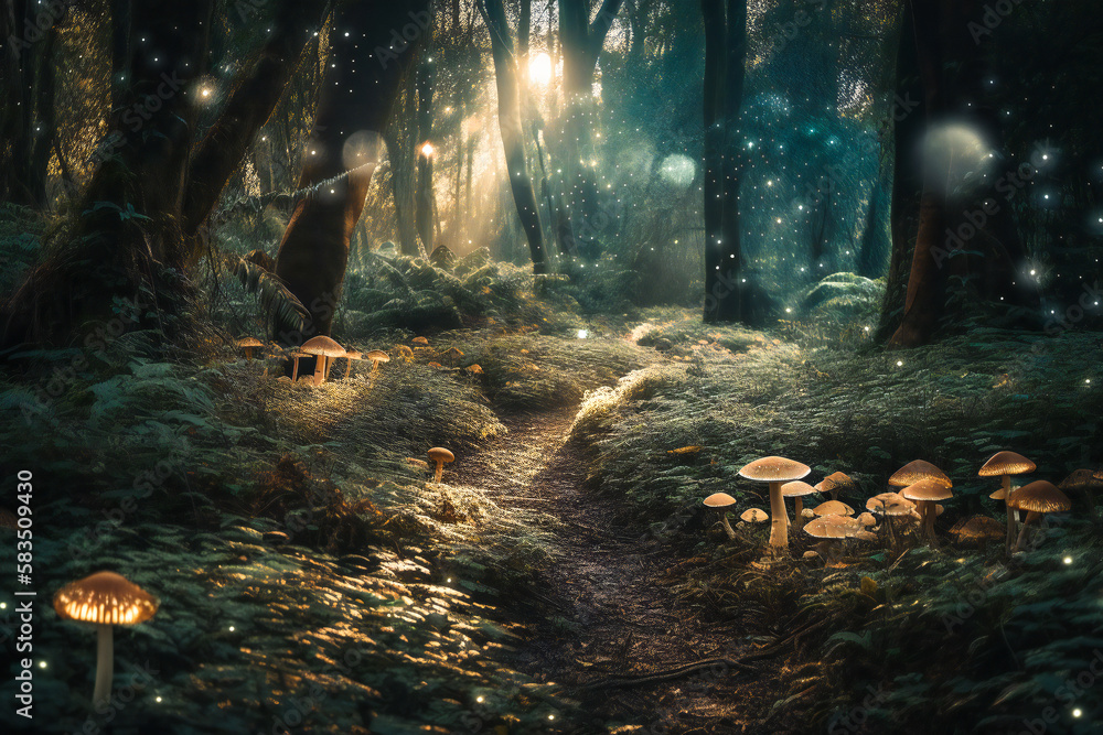 Poster enchanted forest at night, with luminescent mushrooms and luminous particles floating around. create