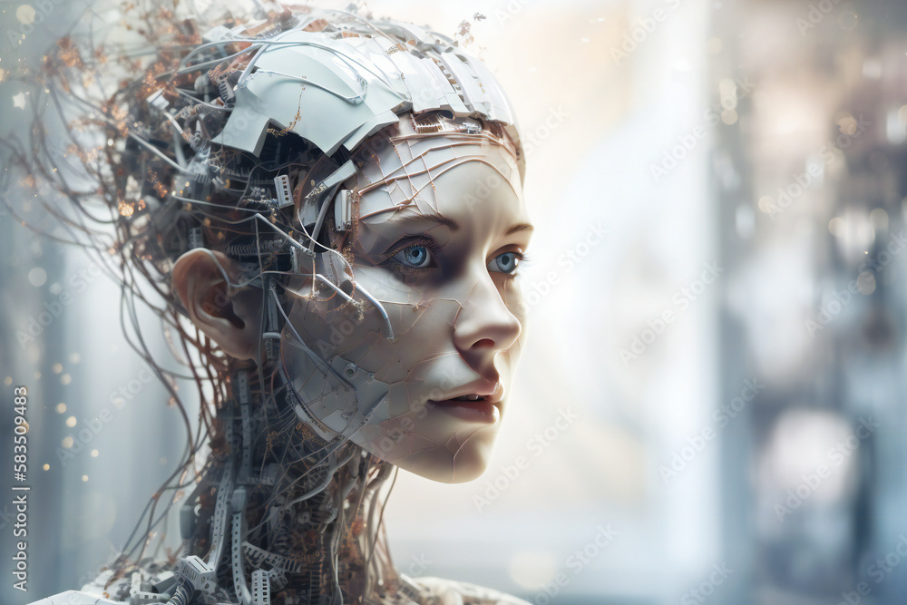Poster illustration of a beautiful female android head. robotic and artificial intelligence concept. create