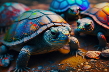 Group of colorful baby turtles with vivid color bomb explosion backgrounds, cute and adorable animals, explosive colorful backgrounds, digital art. Generative AI