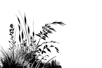 Image of a silhouette reed or bulrush on a white background.Monochrome image of a plant on the shore near a pond.