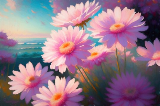A painting of pink daisies