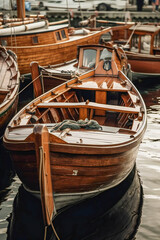 Fototapeta na wymiar Old wooden rowboats in a harbor. Created with Generative AI technology.