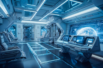 Interior of a futuristic control room of a space ship. Created with Generative AI technology.