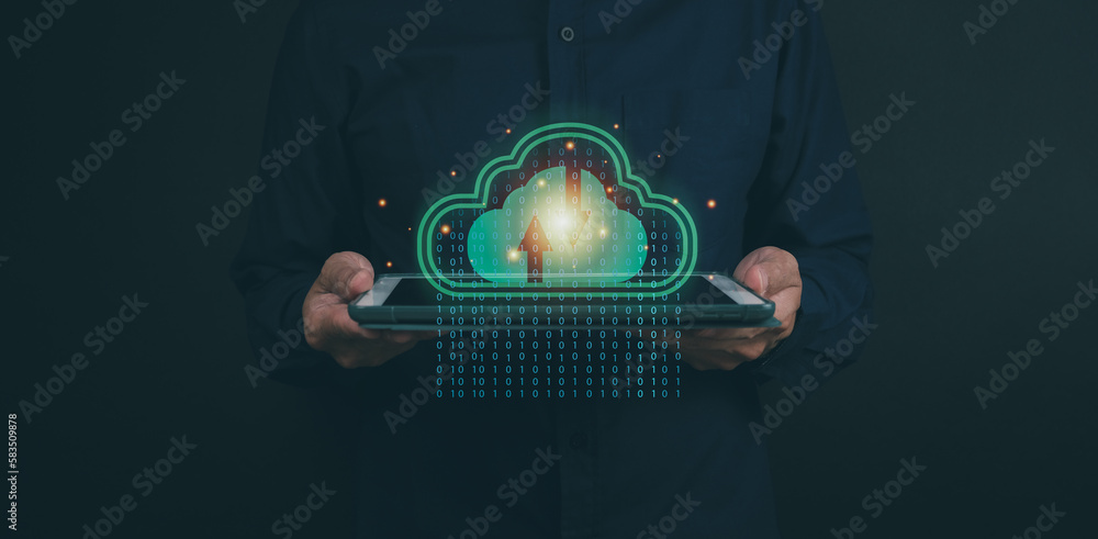 Poster businessman touching cloud icon, cloud storage technology connected business e-commerce document sto