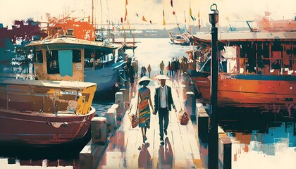 Fototapeta na wymiar couple walking on harbor pier with colorful boats, illustration painting, Generative AI
