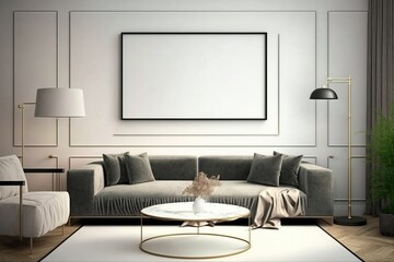 Fototapeta premium Mockup poster frame on the wall of living room. Luxurious apartment background with contemporary design. Modern interior design. 3D render, 3D illustration