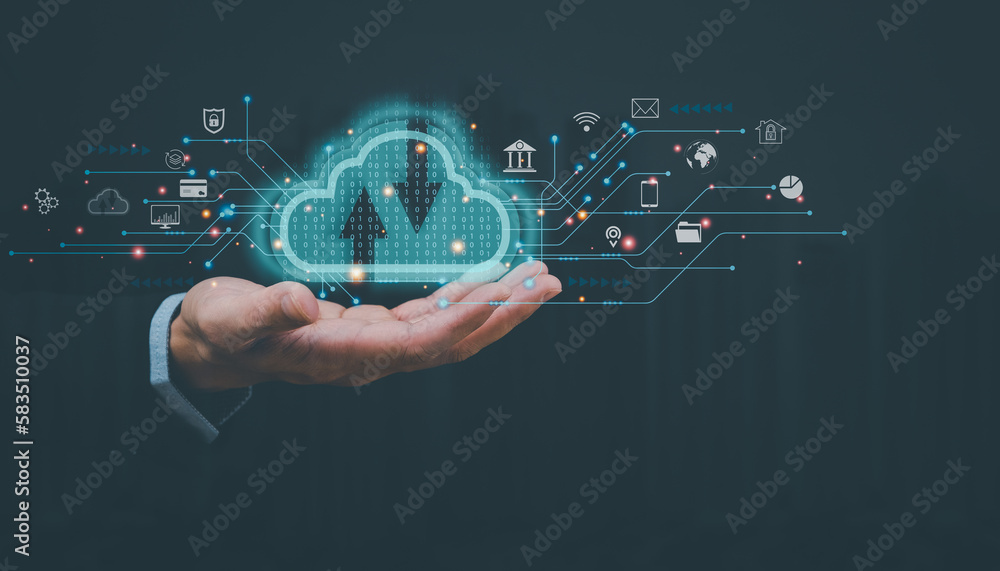 Poster businessman touching cloud icon, cloud storage technology connected business e-commerce document sto