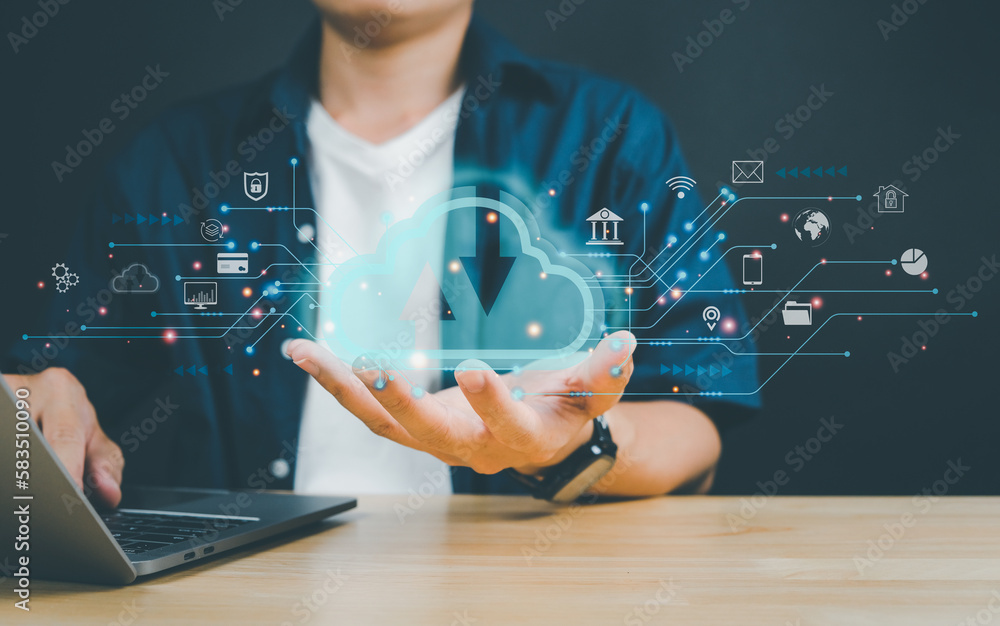 Poster businessman touching cloud icon, cloud storage technology connected business e-commerce document sto
