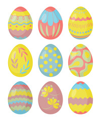 Set of cute colorful Easter eggs in flat style. Easter symbol, decorative vector elements collection. Collection of colored eggs.