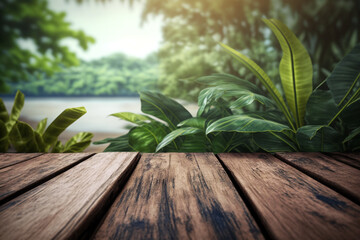 Top wooden planks with nature background for product presentation. Generative ai illustration
