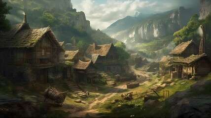 Village Fantasy Backdrop, Concept Art, CG Artwork, Realistic Illustration with Generative AI
