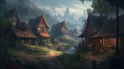 Village Fantasy Backdrop, Concept Art, CG Artwork, Realistic Illustration with Generative AI
