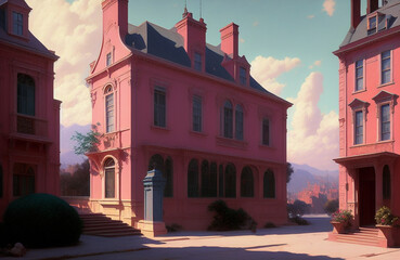 Naklejka premium Illustration of a charming pink building with a beautiful tree in the foreground created with Generative AI technology