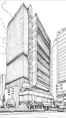 Fototapeta premium Concept technical design sketches of office buildings and skyscrapers in ink & pencil. Detailed sketches showcase architecture and urban high-rise structures. Generative AI
