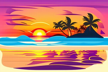 Fototapeta na wymiar vector sunset tropical beach illustration. flat style nature landscape, seascape,summer season - generative ai 