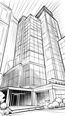 Concept technical design sketches of office buildings and skyscrapers in ink & pencil. Detailed sketches showcase architecture and urban high-rise structures. Generative AI