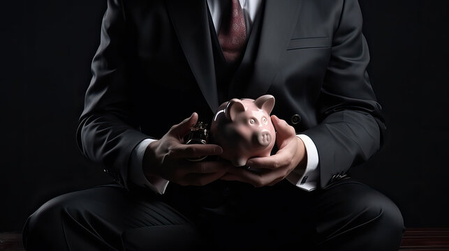 Gesch&auml;ftsmann im Anzug mit Sparschwein in den H&auml;nden (Generative AI)

