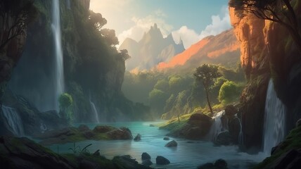 Waterfall Fantasy Backdrop, Concept Art, CG Artwork, Realistic Illustration with Generative AI 