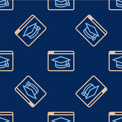 Line Online education and graduation icon isolated seamless pattern on blue background. Online teacher on monitor. Webinar and video seminar learning. Vector