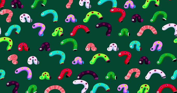 Caterpillars cartoon many characters wallpaper on dark background. Cute children animation good as backdrop for intro, party, television programme, presentation, etc... Seamless loop.