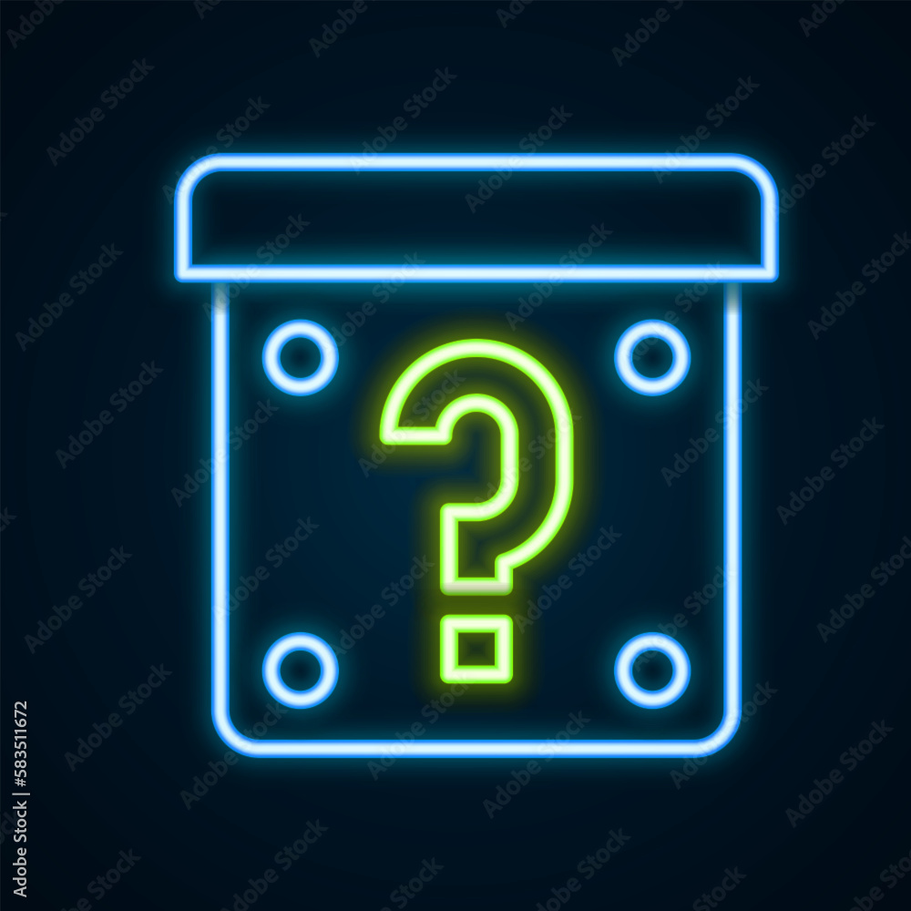 Poster glowing neon line mystery box or random loot box for games icon isolated on black background. questi