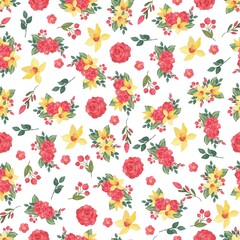 Pattern roses and orchid flowers watercolor
