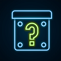 Glowing neon line Mystery box or random loot box for games icon isolated on black background. Question mark. Unknown surprise box. Colorful outline concept. Vector