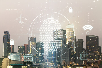 Double exposure of virtual creative fingerprint hologram on Los Angeles office buildings background, protection of personal information concept