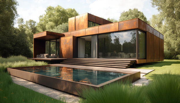 Fototapeta Rusty metal and glass. Ultra-modern minimalistic style house design with swimminpool. Generative AI