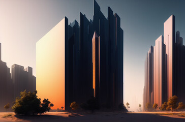 Illustration of a futuristic metropolis with towering skyscrapers and flying vehicles created with Generative AI technology