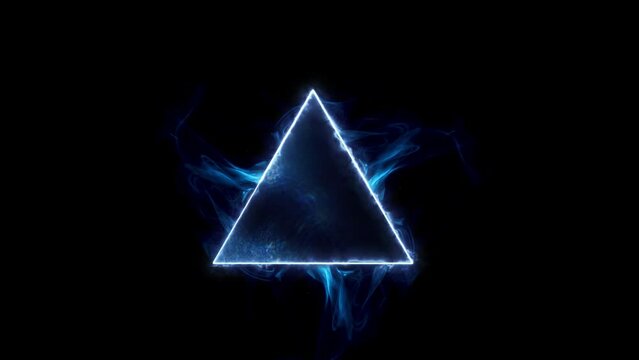 Energy geometric triangle on a dark background. Beautiful futuristic swirling smoke. Mockup for titles, product and logo.  Texture for designer background.