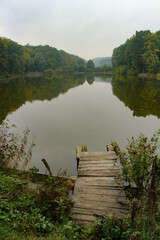 Forest and reservoir on a sunny autumn day in Bukovina near the town of Kitzman. Ukraine, September...