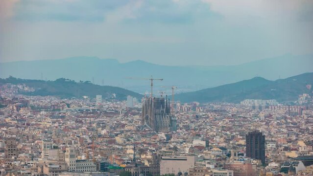 Barcelona Spain time lapse 4K, high angle view city skyline timelapse at city center