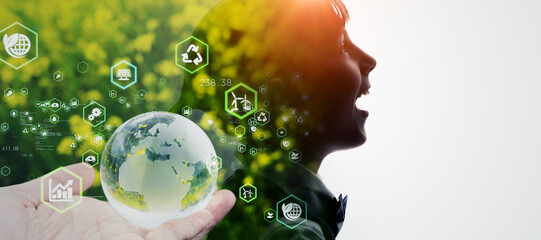 Little child silhouette and environment technology concept. Wide angle visual for banners or advertisements.