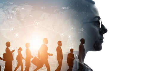 Profile of businesswoman and walking group of people. Management strategy concept. Wide angle visual for banners or advertisements.