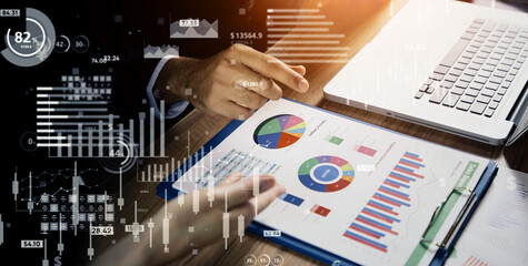 Statistics of business concept. Financial technology. Management strategy. Wide angle visual for...